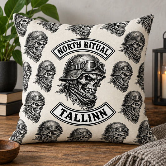 All-over motorcycle club cushion using approved logo elements and coordinated colors.