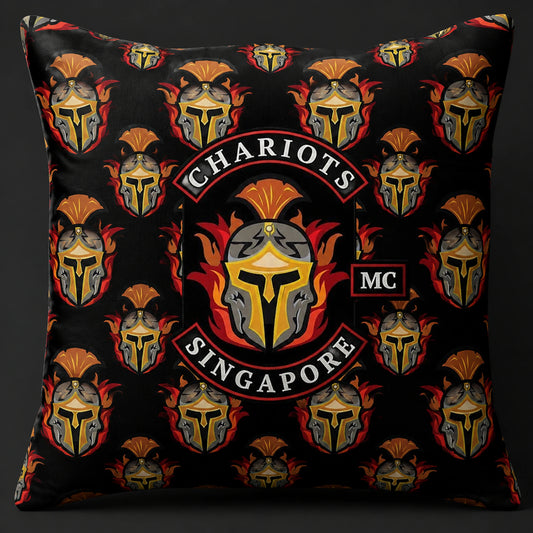 All-over motorcycle club cushion using approved logo elements and coordinated colors.