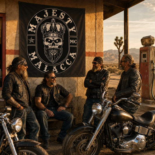 Veteran American V-twin riders gather beneath their custom diamond flag at a desert service station.