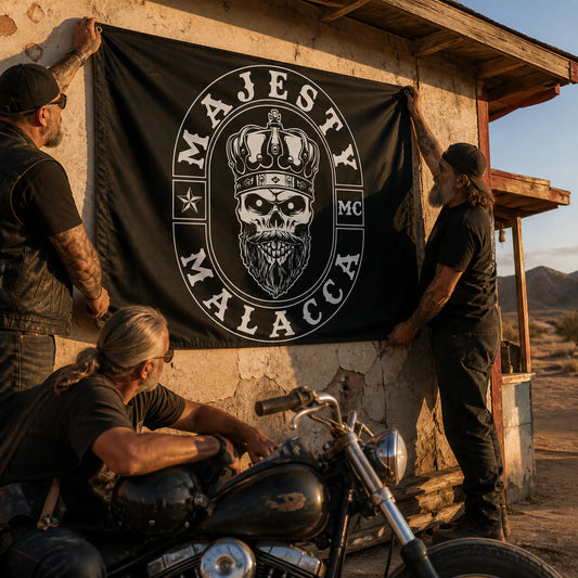 Motorcycle club members use a custom rectangular flag for made for motorcycle culture in a realistic American V-twin setting.