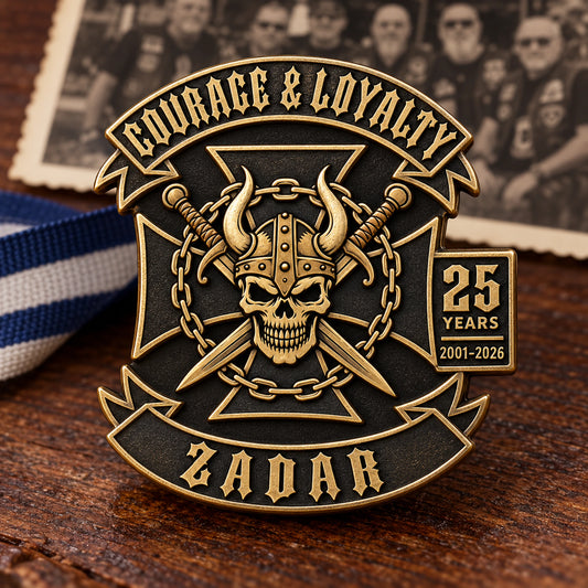Antique brass anniversary pin made with an approved motorcycle club emblem.