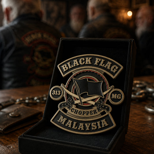 Antique brass anniversary pin made with an approved motorcycle club emblem.