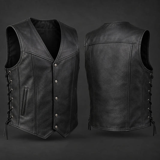 Complete blank motorcycle club leather vest with a V-neck and adjustable side lacing.