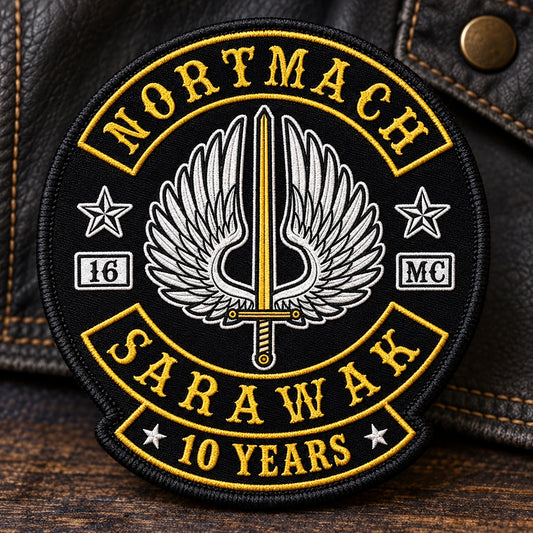 Custom motorcycle club anniversary patches with matching club colors.