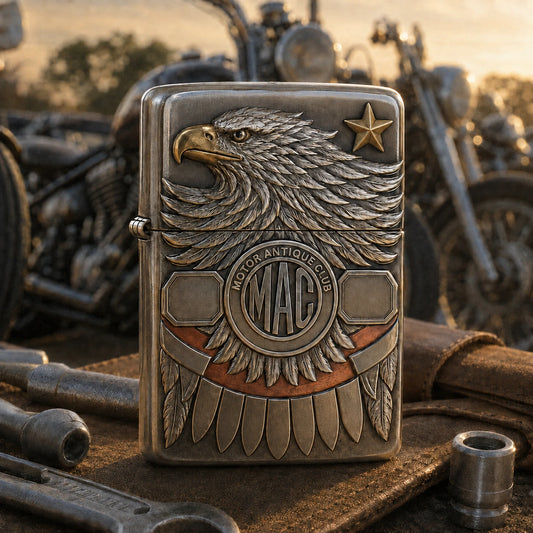 Anniversary ride lighter with authorized club emblem and milestone metalwork