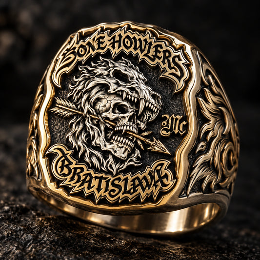 Anniversary Rings designed from an authorized motorcycle club emblem in 925 Sterling Silver + 18K Gold-Plated natural metal tones.