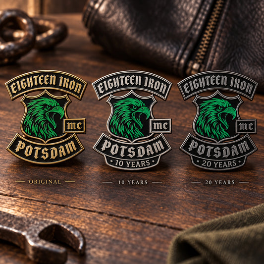 Coordinated anniversary motorcycle club pin in an antique metal finish.