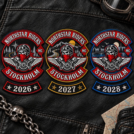 Custom motorcycle club event patch featuring the northstar riders stockholm logo for three-year collectible series.