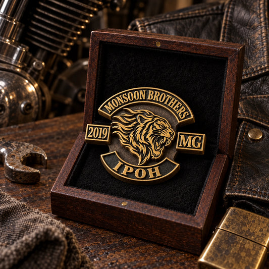 Monsoon Brothers Ipoh custom 3D pin in warm antique brass finish