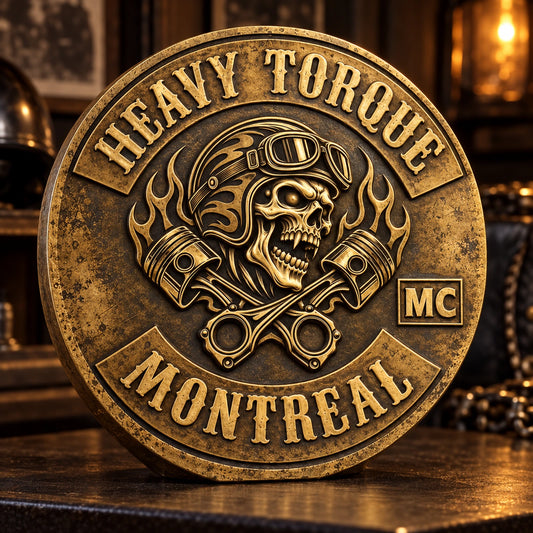Antique brass motorcycle club plaque with a warm aged patina on a dark clubhouse shelf.