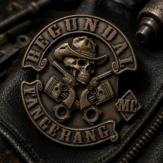One-piece antique bronze BEGUNDAL motorcycle club pin with sculpted cowboy skull and engine details.