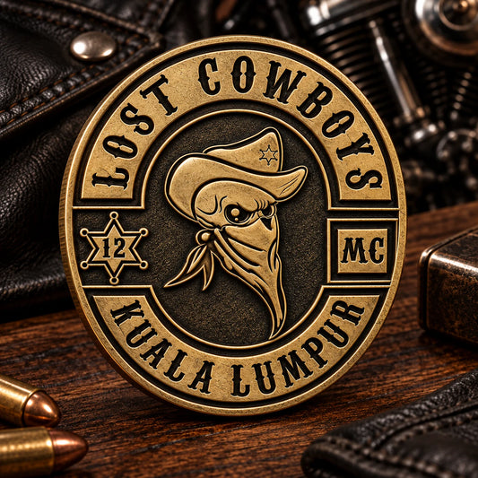 Antique gold motorcycle club challenge coin on dark wood.