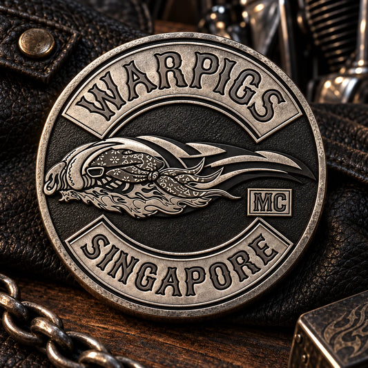 Antique silver motorcycle club challenge coin on black leather.
