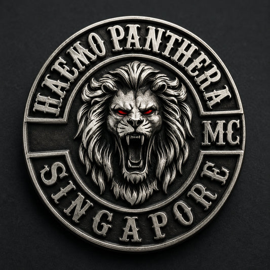 Connected antique silver HAEMO PANTHERA club pin with a deeply rounded roaring lion and layered mane relief.