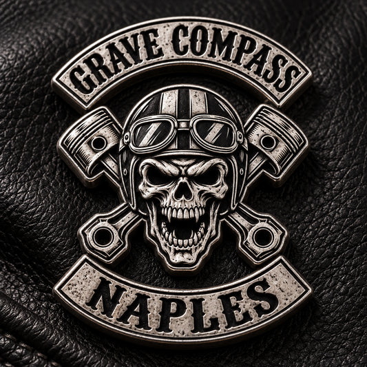 Grave Compass Naples antique silver 3D pin with dark recesses and bright raised detail