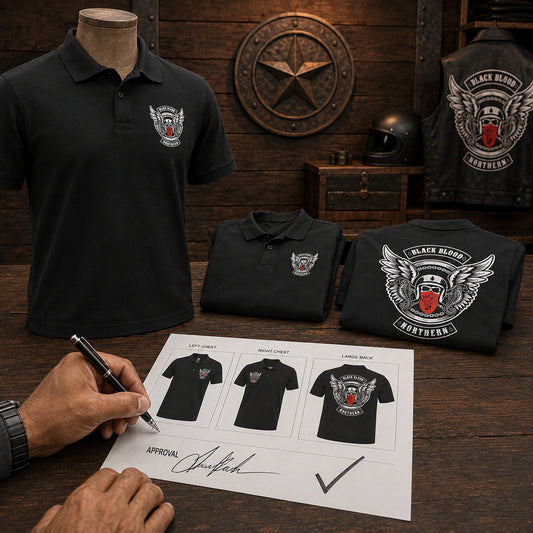 A signed proof and approval check sit beside a black Black Blood Northern polo with chest and large back placement samples.