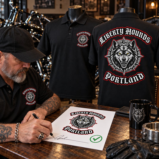 A signed Liberty Hounds Portland motorcycle club artwork proof sits beside approved black polo chest and large back samples.