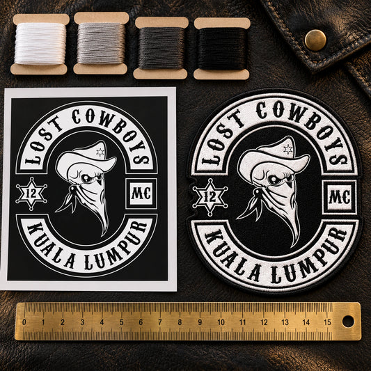 Solid patch sample beside approved proof shown for a custom motorcycle club patch system in quality-control station.