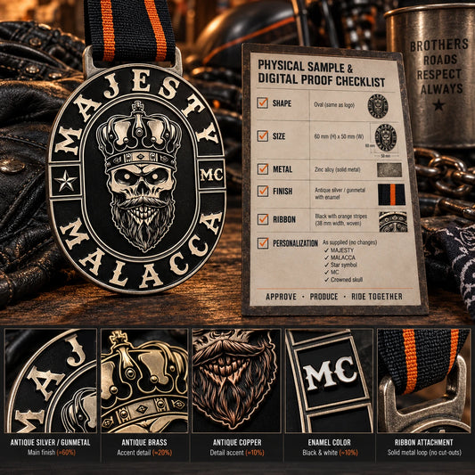 Physical sample and digital proof checklist confirming shape, size, metal, finish, ribbon and personalization. Custom motorcycle club medal.