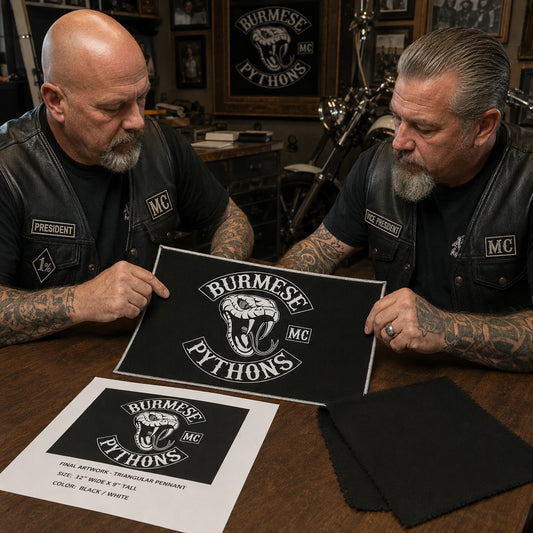 Two motorcycle club officers review the final triangle flag artwork, size and fabric before production.