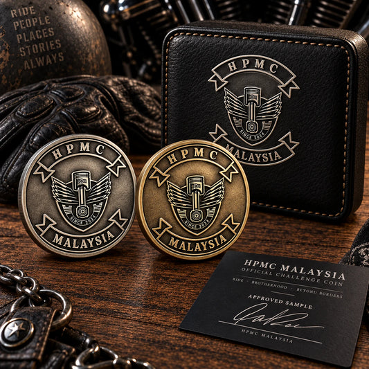 Physical motorcycle club challenge coin sample ready for approval.