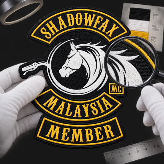Approve sample and production shown as a custom motorcycle club membership patch product.