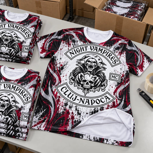 Finished custom motorcycle club performance shirts inspected before packing.