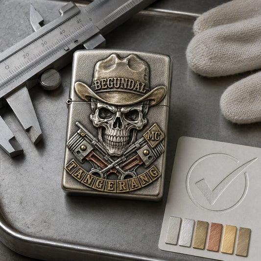 Finished authorized club-logo lighter inspected before production approval