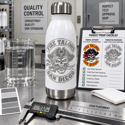 quality table reviewing a finished logo bottle, capacity, placement and finish before approval for a motorcycle club.