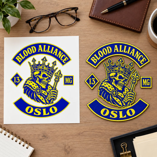 Approved digital proof and matching physical chest patch for a motorcycle club, shown at organized archive desk.