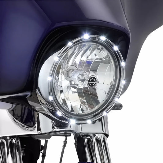 Arlen Ness 2001-1159 chrome LED headlight bezel illuminated on a Harley Touring motorcycle