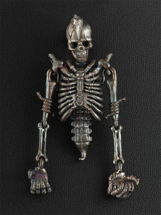 Articulated skeleton sterling silver biker pendant front view