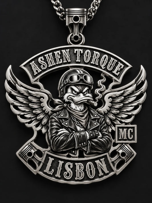 Custom shaped stainless steel motorcycle club pendant based on the Ashen Torque winged rider logo.