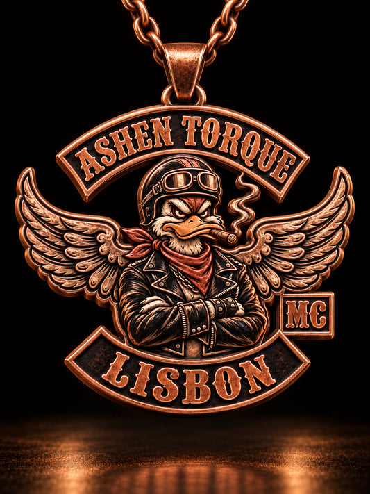 Ashen Torque custom-shaped 3D motorcycle club pendant in antique pure copper with a short chain.