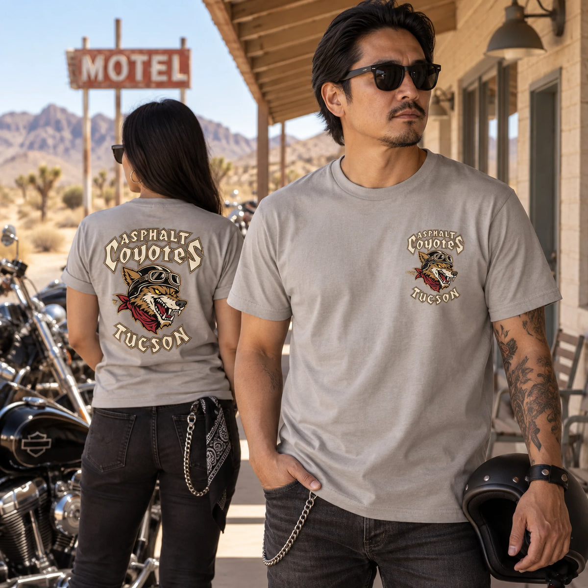 Asphalt Coyotes riders wearing stone grey custom club T-shirts at a desert motel.