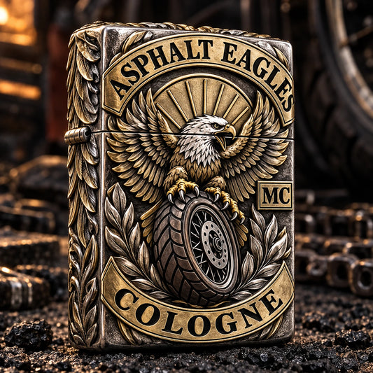 Asphalt Eagles motorcycle club logo transformed into a sculptural lighter with wing-shaped shoulders and a raised motorcycle tire.