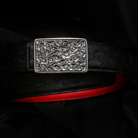 Auspicious Cloud Silver Ostrich Leather Biker Belt — product view