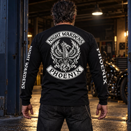 Custom long-sleeve shirt showing a full club back emblem and lettering down both sleeves.