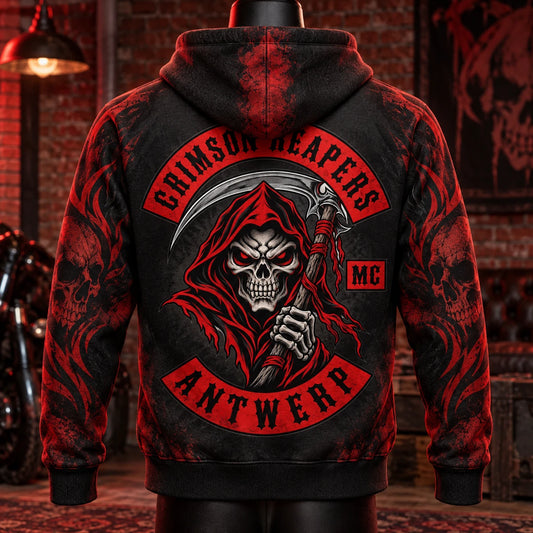 Single rear view of a Crimson Reapers Antwerp motorcycle club hoodie showing large approved back-panel artwork.