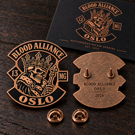 Engraved back of a custom motorcycle club pin with its presentation card.