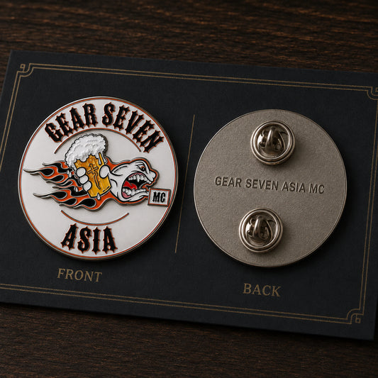 Engraved back of a custom motorcycle club pin with its presentation card.