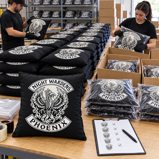 Bulk order of coordinated motorcycle club logo cushions ready for delivery.