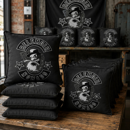 Bulk order of coordinated motorcycle club logo cushions ready for delivery.