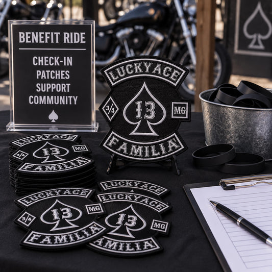 Custom benefit ride memorial patches ready for a motorcycle community event.