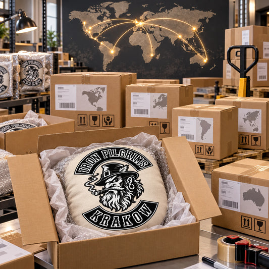 Custom motorcycle club logo cushion packed for worldwide shipping.
