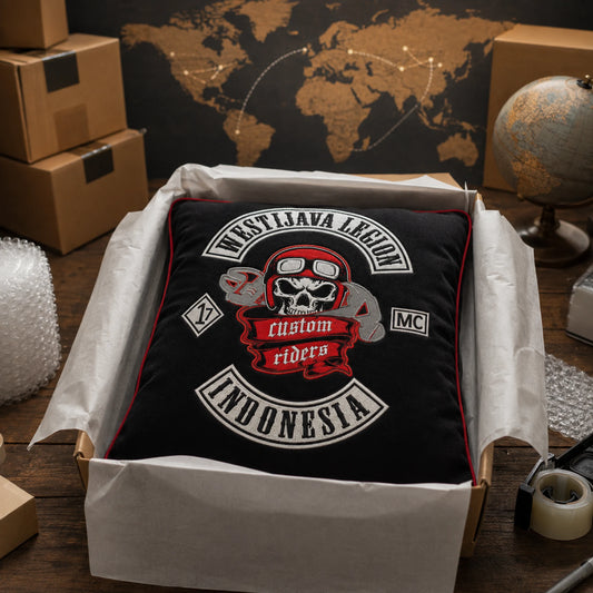 Custom motorcycle club logo cushion packed for worldwide shipping.