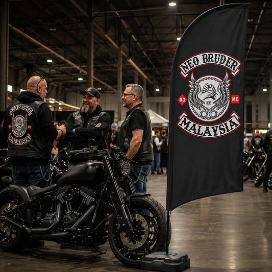 Motorcycle Shows: custom motorcycle club feather flag shown in indoor custom motorcycle exhibition with mature club representatives beside an unbranded show bike.