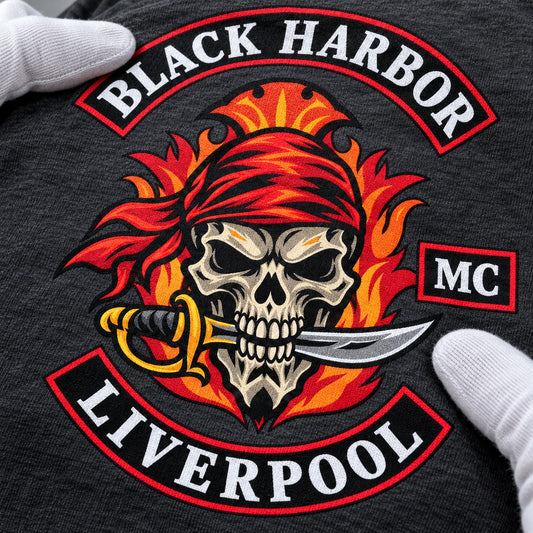 High-detail Black Harbor artwork printed with sharp lines and clean color edges on a club T-shirt.