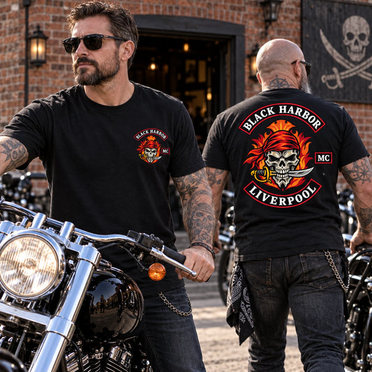 Black Harbor club T-shirts showing a small left-chest emblem and complete large back logo.