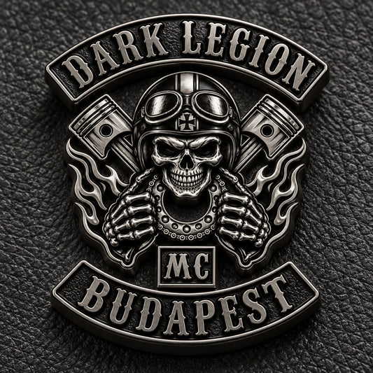 DARK LEGION sculpted club pin with a dark black nickel finish on charcoal leather.
